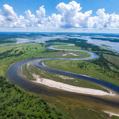 Aerial view of winding river landscape