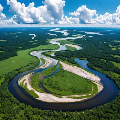 Aerial view of river bend in forest
