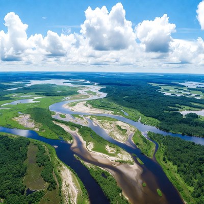 Aerial view of river delta landscape