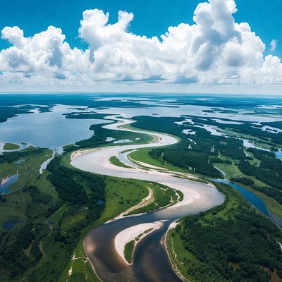 Aerial View of Winding River in Wetlands