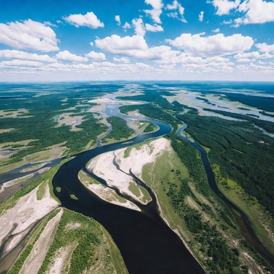 Aerial view of winding river in forest