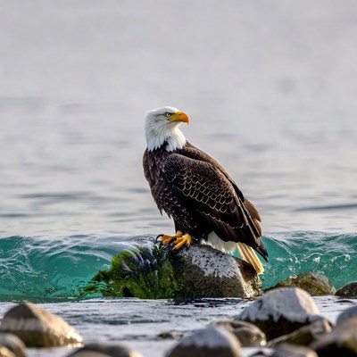 Bald Eagle Perched on Rock by Water