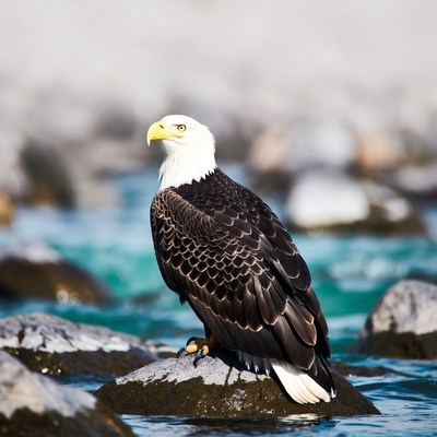 Bald Eagle Perched on River Rock