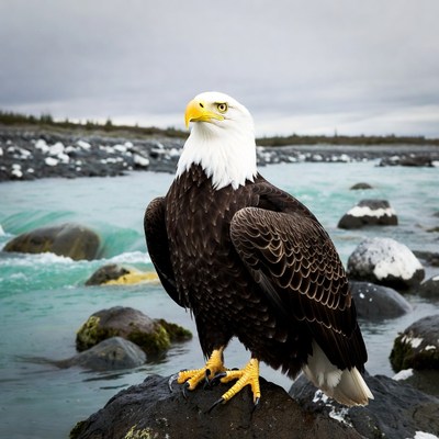 Bald eagle perched on rock