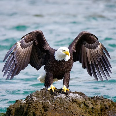 Bald eagle spreading wings on rock