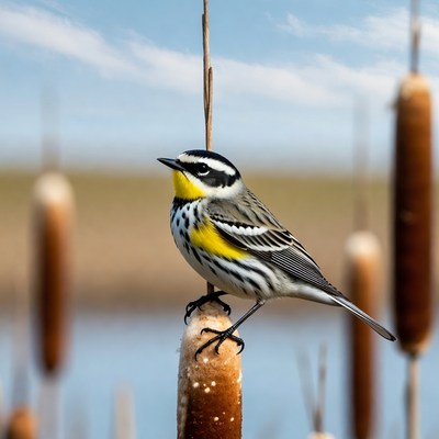 Yellow-throated Warbler on cattail