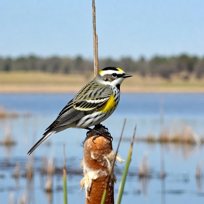 Yellow-rumped Warbler on reed
