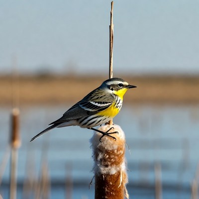 Yellow-rumped Warbler on snowy reed