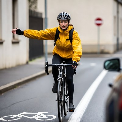 Woman cyclist signaling on rainy street