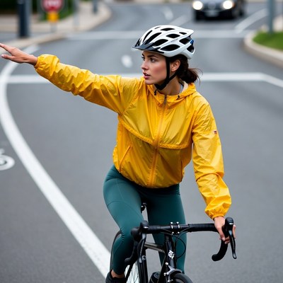 Woman cyclist signaling at crosswalk