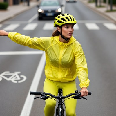 Woman cyclist signaling at crosswalk