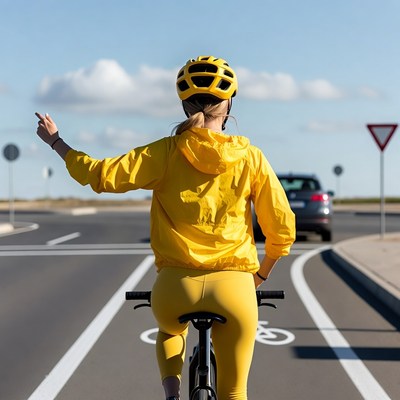 Woman cyclist pointing on road
