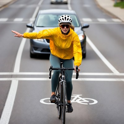Woman cyclist signaling at crosswalk
