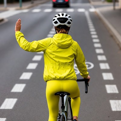Woman cyclist signaling at crosswalk