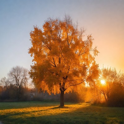 Autumn Tree in Golden Sunrise Field