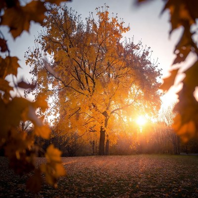 Autumn Tree with Golden Sunset