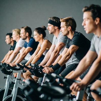 Group cycling class on spin bikes