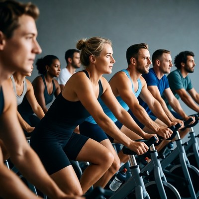 Diverse group spinning bikes gym
