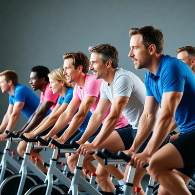 Group cycling class on spin bikes