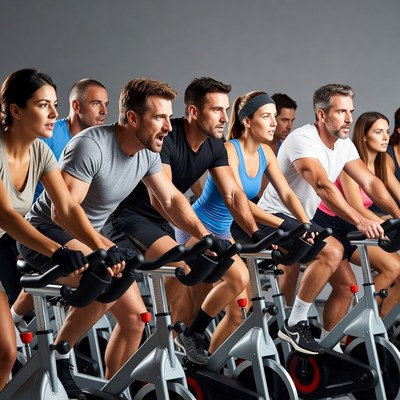 Group spinning class on exercise bikes