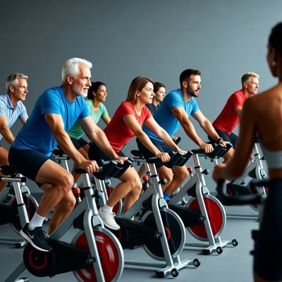 Group spinning class on exercise bikes
