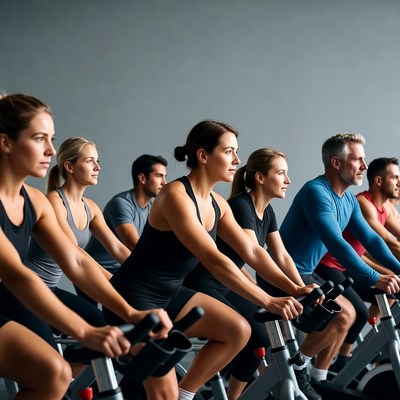Group cycling class on spin bikes