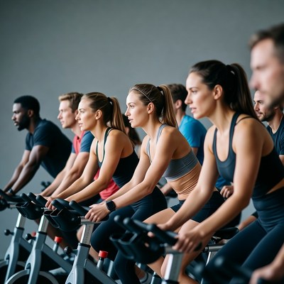 Group spinning class on exercise bikes