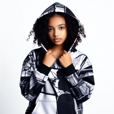 African-American girl in black and white hoodie