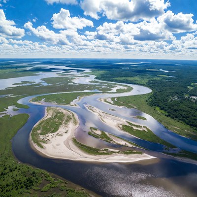 Aerial View of River Delta Marshes
