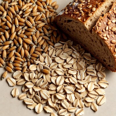 Wheat Seeds and Seeded Bread Loaf