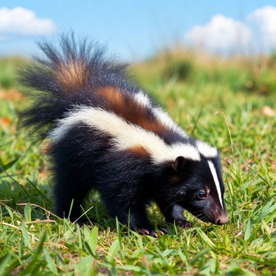 Skunk walking in green grass