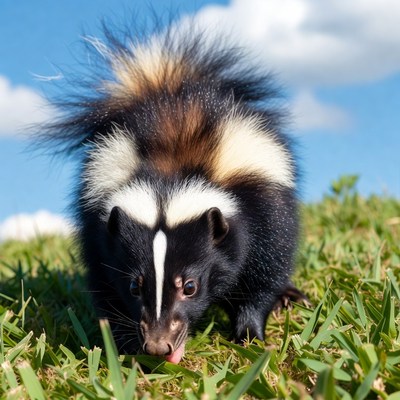 Skunk foraging on green grass