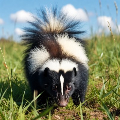 Striped Skunk in Grass Field