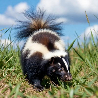 Skunk walking in green grass