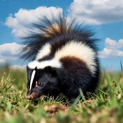Skunk in grass under blue sky
