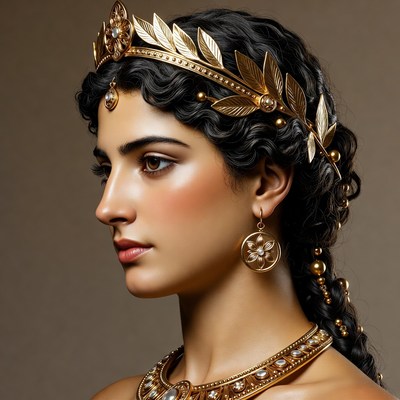 Profile of woman in golden Greek crown