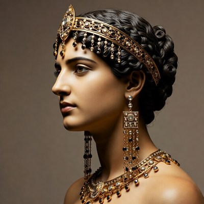 Profile of woman in gold jewelry