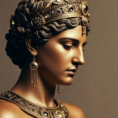 Golden bust of woman with crown