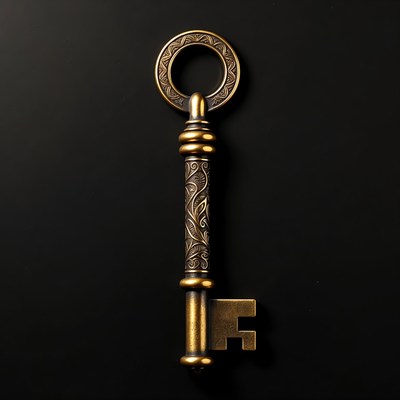 Vintage Brass Key on Black Background