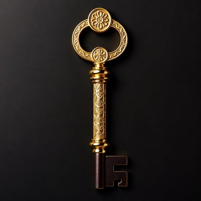 Golden ornate key on black background