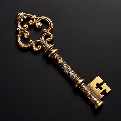 Ornate Gold Key on Black