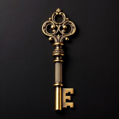 Ornate Gold Key on Black Background