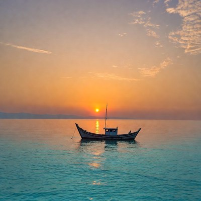 Fishing Boat on Calm Sea at Sunset