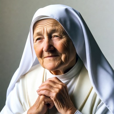 Elderly nun praying with hands clasped