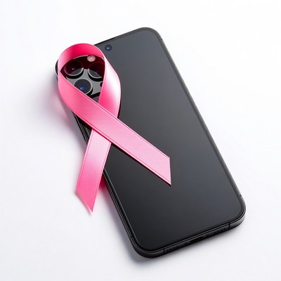Pink ribbon on black smartphone