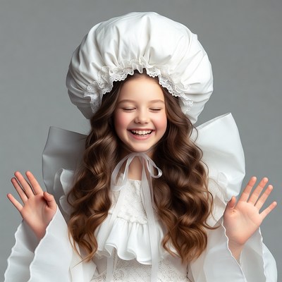 Girl in white lace bonnet smiling