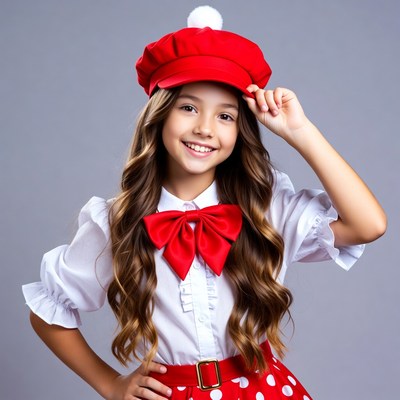 Girl in red beret and polka dot skirt