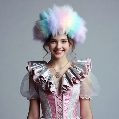 Girl in pink dress with rainbow fur hat