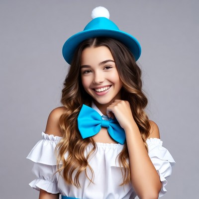 Girl smiling in blue hat and bowtie