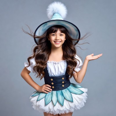 Girl in teal witch costume